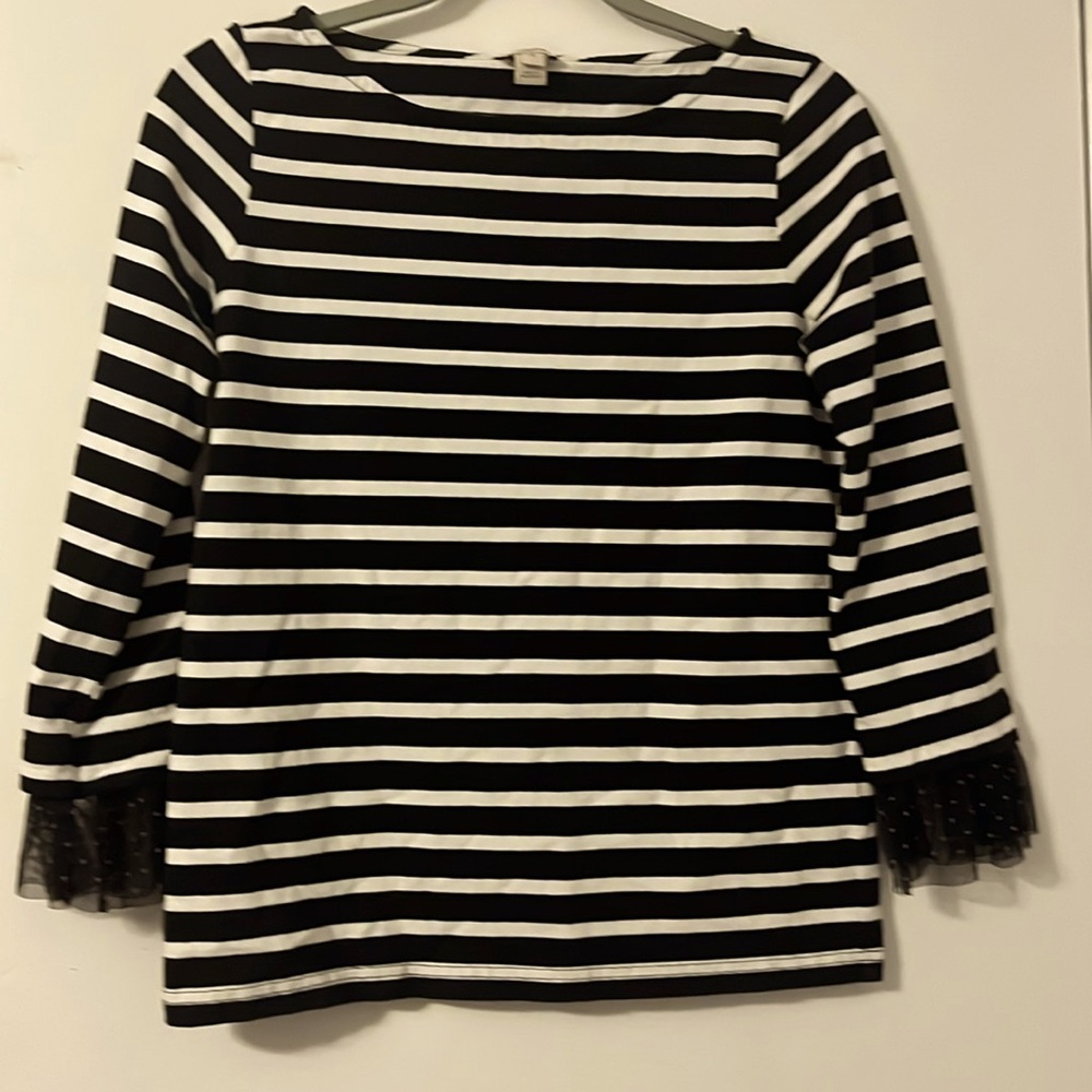 J.Crew Black White Striped Shirt with Tulle Sleeve Large